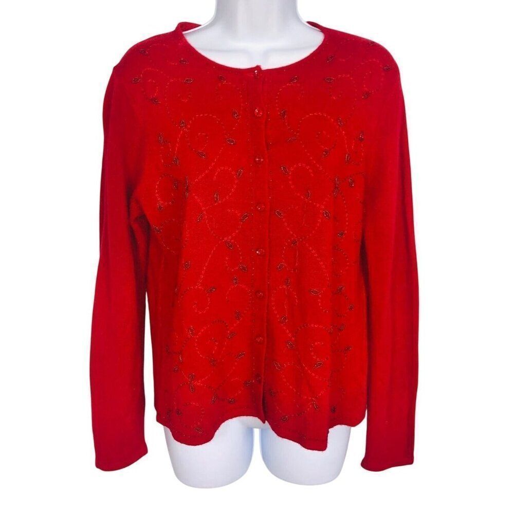 Womens Cardigan Sweater Size M Red Floral Embroidered Soft